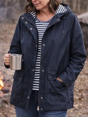 Mo-Ka Rain Jacket Women’s Large Navy Hooded Waterproof Coat Snap Zip Lightweight